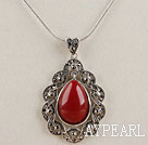 vintage-like engraved alloy jewelry red immitation gemstone pendant 