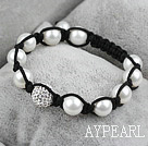 White Seashell Beads and Rhinestone Ball Woven Ball Bracelet