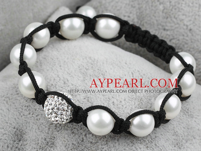 White Seashell Beads and Rhinestone Ball Woven Ball Bracelet