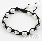 10mm White Seashell and Rhinestone Woven Ball Bracelet with Adjustable Thread