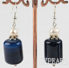 cute white pearl and blue cylinder shape agate earrings