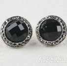 Korean jewelry round manmade black gem earrings with rhinestone