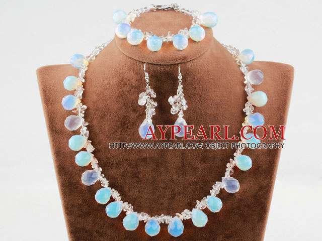 Drop Shape Opal and Clear Crystal Set (Necklace Bracelet and Matched Earrings)