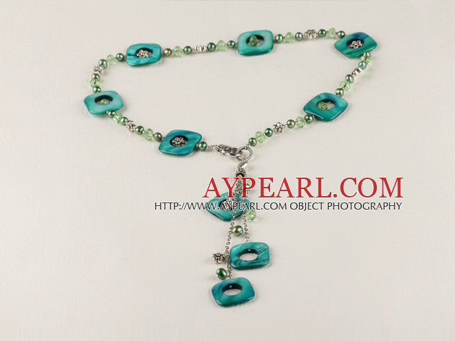 18.1 inches Y shape green pearl shell and crystal necklace