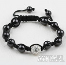 Black Seashell Beads and Rhinestone Ball Woven Drawstring Bracelet