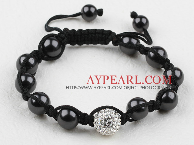 Black Seashell Beads and Rhinestone Ball Woven Drawstring Bracelet