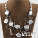 fashion costume jewelry white irregular pearl and square metal loop necklace