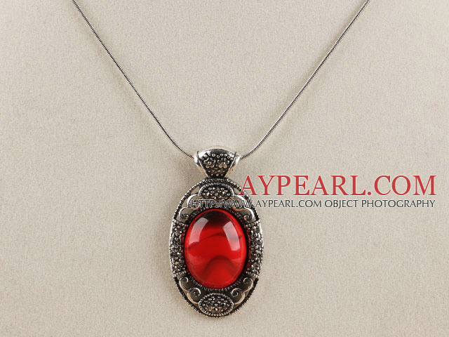 vintage style engraved alloy jewelry 17.7inches red immitation gemstone pendant