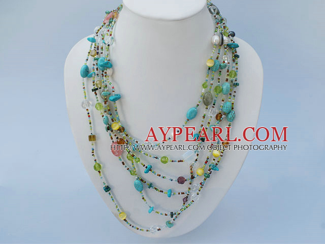 multi strand colorful stone and crystal necklace with lobster clasp
