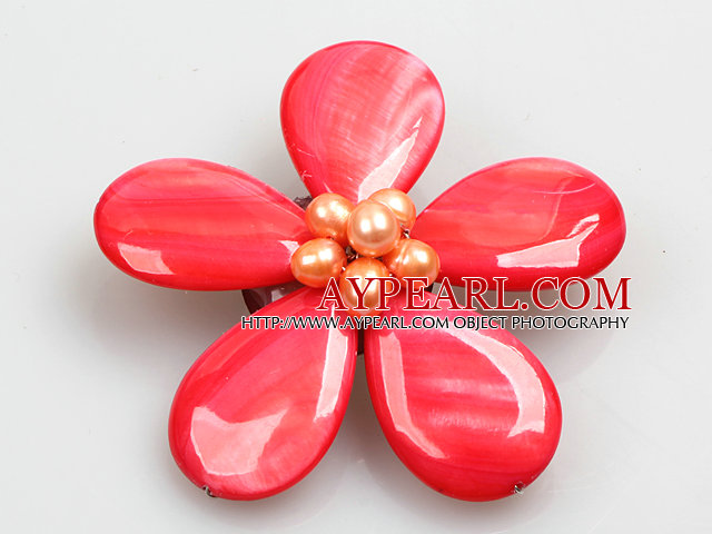 Beautiful Natural Watermelon Red Pearl Drop Shape Shell Flower Brooch