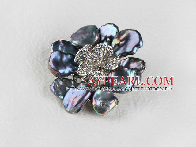 beautiful rose shape black reborn pearl  brooch with rhinestone