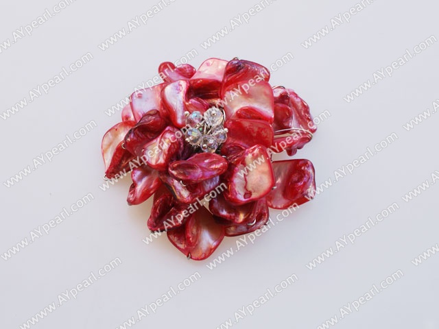 Decent White Clear Crystal And Red Shell Flower Brooch