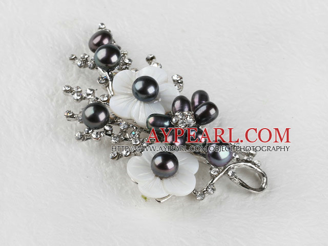 glittrande svarta pärla blomma brosch med strass