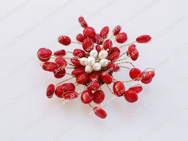 Nice Decent Multi Red Coral And White Freshwater Golden Wired Flower Brooch