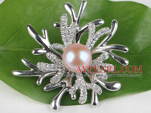beautiful natural pink color pearl brooch with rhinestone