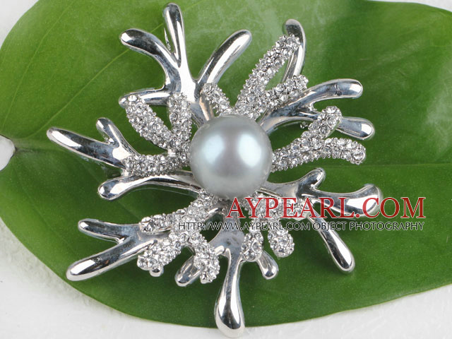 beautiful gray color pearl brooch with rhinestone