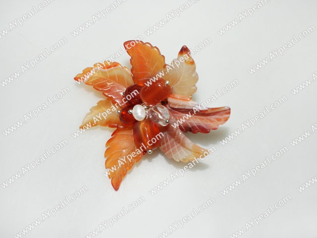 Elegant And Hot White Pearl Crystal And Red Leaf Shape Agate Flower Brooch