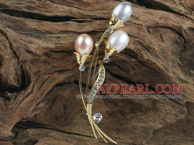 good quality natural three colors pearl flower brooch with rhinestone