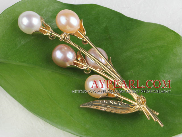 sparkly natural three colors pearl flower brooch with rhinestone