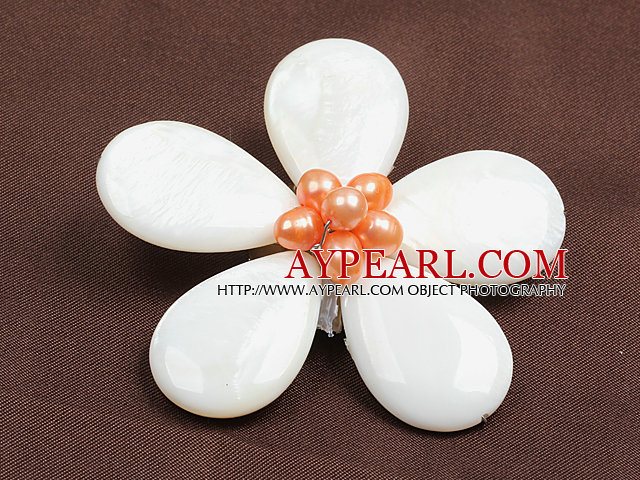 Beautiful Natural Pink Pearl Drop Shape White Shell Flower Brooch