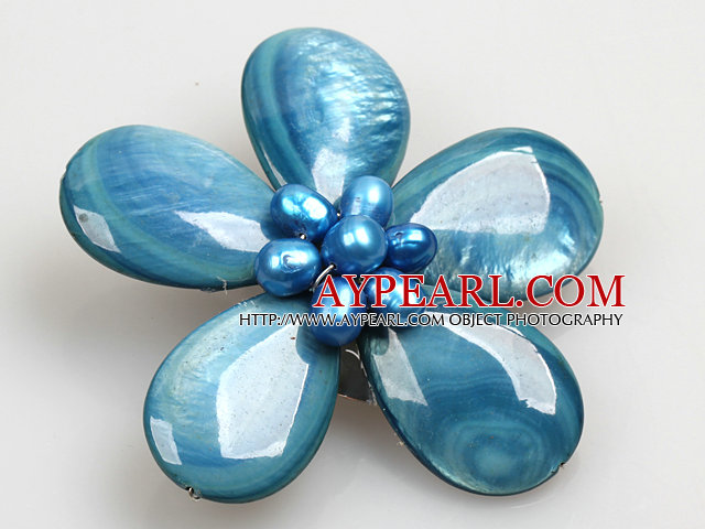 Beautiful Natural Blue Pearl Drop Shape Shell Flower Brooch