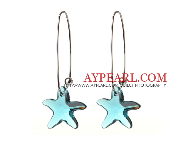 2014 Summer New Design Sea Star Shape Clear Blue Austrian Crystal Earrings With Long Hook