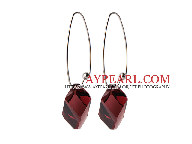 2014 Summer Design Ice Cube Shape Wine Red Austrian Crystal Earrings With Long Hook