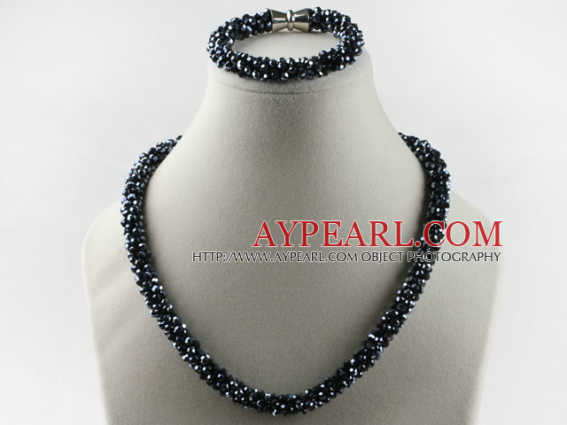 Black color Czech crystal necklace bracelet set with magnetic clasp