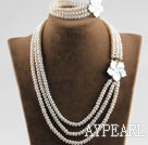 three strand 6-7mm white pearl necklace bracelet set with shell flower clasp