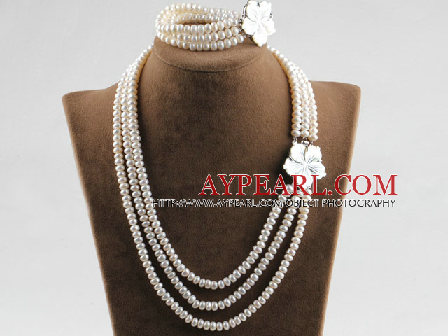 three strand 6-7mm white pearl necklace bracelet set with shell flower clasp