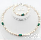 White Freshwater Pearl and Natural Turquoise Set (Necklace Bracelet and Matched Studs)