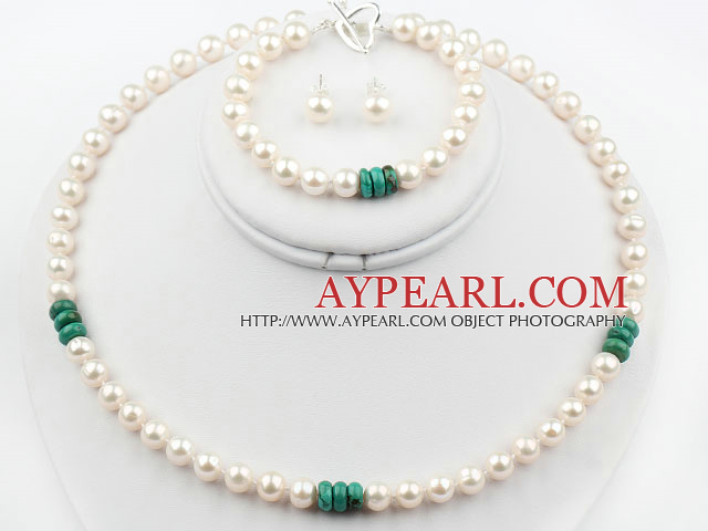 Blanc perle d'eau douce et Set Turquoise Naturel (Bracelet Collier et Matched Goujons)