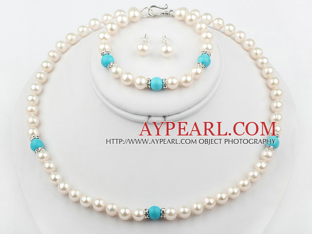 White Freshwater Pearl and Blue Turquoise Set ( Necklace Bracelet and Matched Studs )