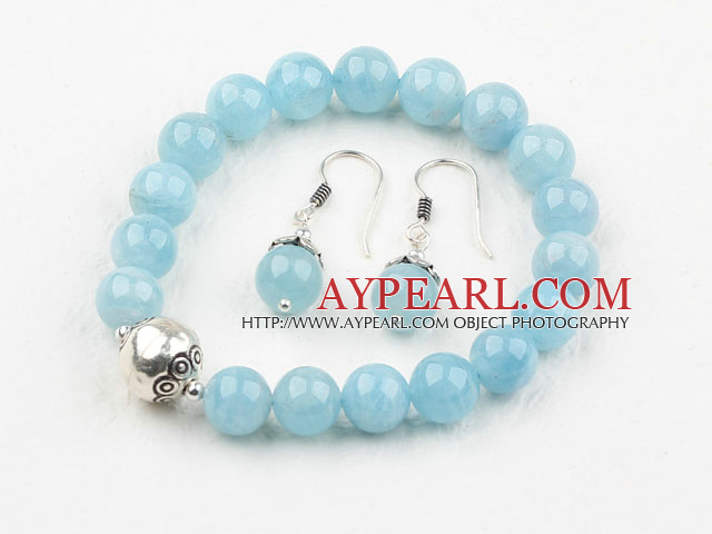 Classic Design 8mm Natural Aquamarine Beaded Thai Silver Bracelet with Matched Earrings