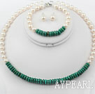 Nouveau design d'eau douce White Pearl et Set Turquoise (Bracelet Collier et goujons)