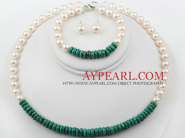 New Design White Freshwater Pearl and Turquoise Set ( Necklace Bracelet and Studs )