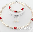 White Freshwater Pearl and Red Coral Set ( Necklace Bracelet and Matched Earrings )