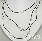 Long Style White Pearl Necklace with Black Cord