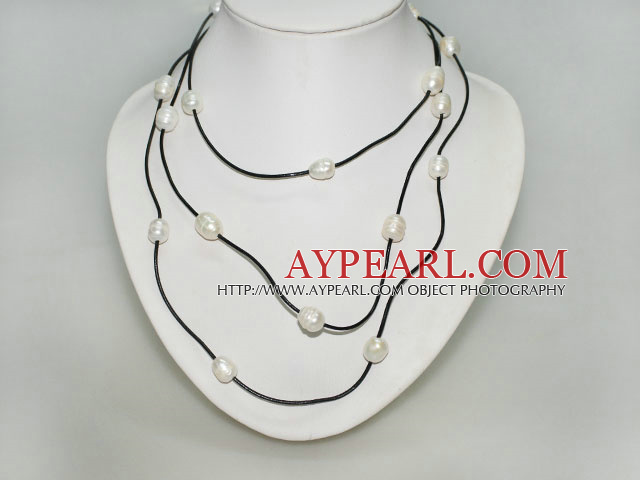 Long Style White Pearl Necklace with Black Cord