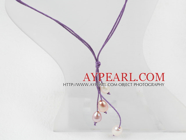 Enkel stil Natural White Pink Purple ferskvannsperle Halskjede med lilla tråd