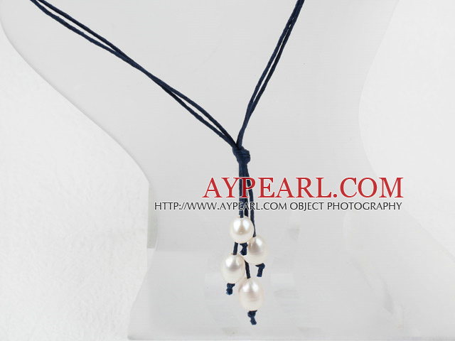 Simple Style Natural White Freshwater Pearl Necklace with Dark Blue Thread