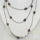 Long Style Dark Brown Pearl Necklace with Black Cord