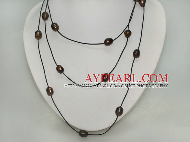 Long Style Dark Brown Pearl Necklace with Black Cord
