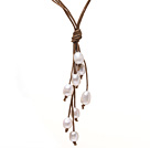 Simple Style Natural White Freshwater Pearl Necklace with Brown Thread