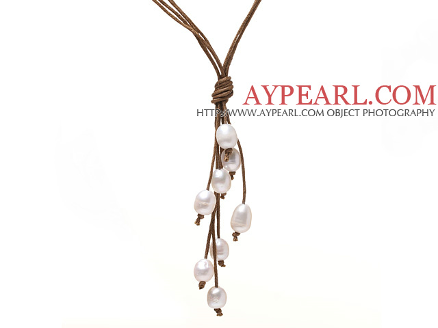 Simple Style Natural White Freshwater Pearl Necklace with Brown Thread