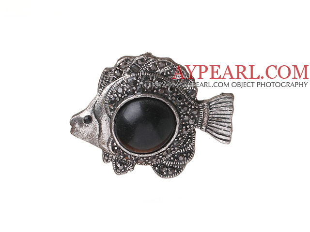 vintage-like engraved alloy jewelry immitation black  gemstone fish shape pendant 