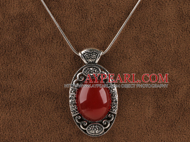 Vintage-Stil graviert Legierung Schmuck rot oval immitation Edelstein Anhänger mit Strass