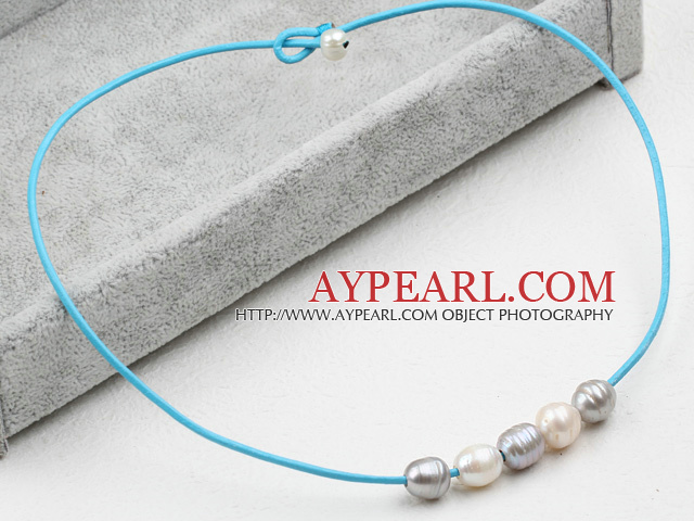 Simple Design White and Gray FW Pearl Necklace with Blue Leather