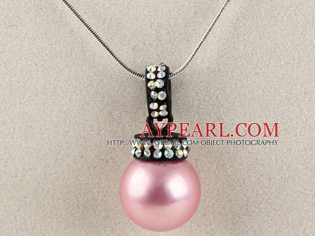 pink 16mm sea shell bead pendant necklace with shinning colorful rhinestone