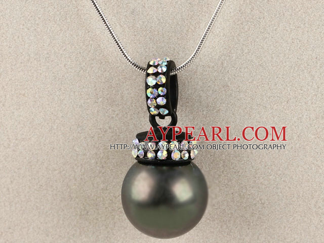 balck 16mm sea shell bead pendant necklace with shinning colorful rhinestone